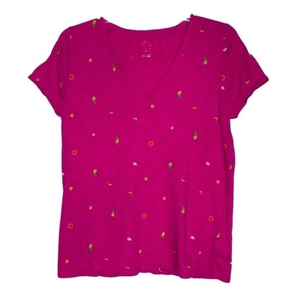 A NEW DAY - Cotton Pink V-Neck Short Sleeve Embroidered Fruit T-Shirt - Size XXL - Picture 1 of 6
